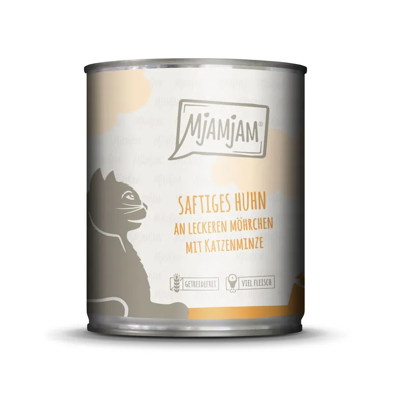 Sparpaket 24 x 800 g Mjamjam Saftiges Huhn an leckeren Möhrchen mit Katzenminze Katzen Nassfutter Markenprodukt